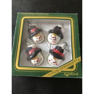 Vintage Snowman Face Glass Christmas Ornaments Pyramid Brand Set Of 4 Ornaments